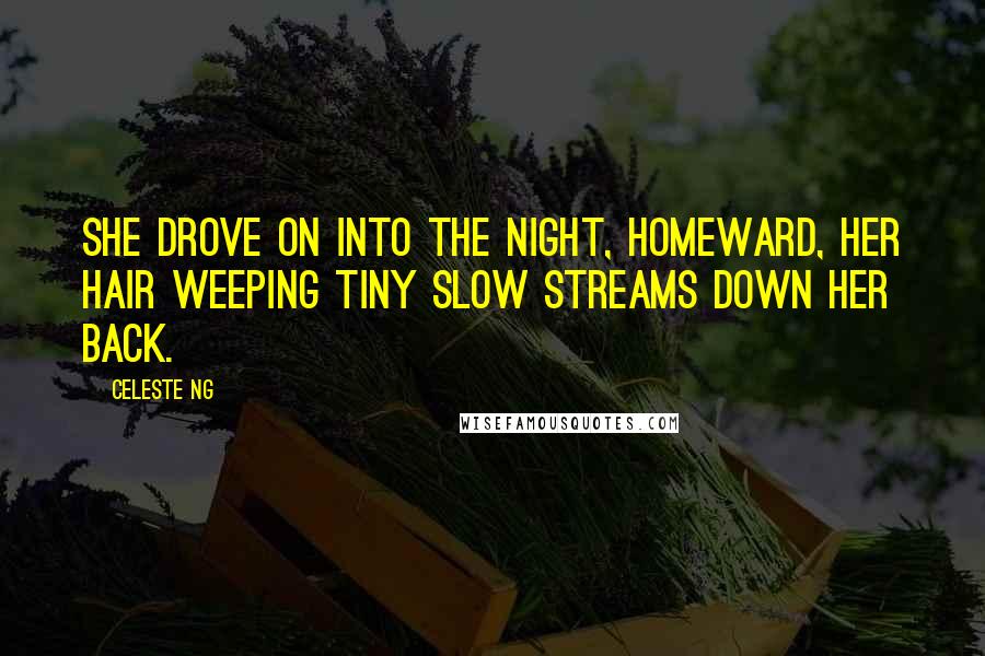 Celeste Ng Quotes: She drove on into the night, homeward, her hair weeping tiny slow streams down her back.