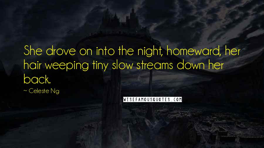 Celeste Ng Quotes: She drove on into the night, homeward, her hair weeping tiny slow streams down her back.