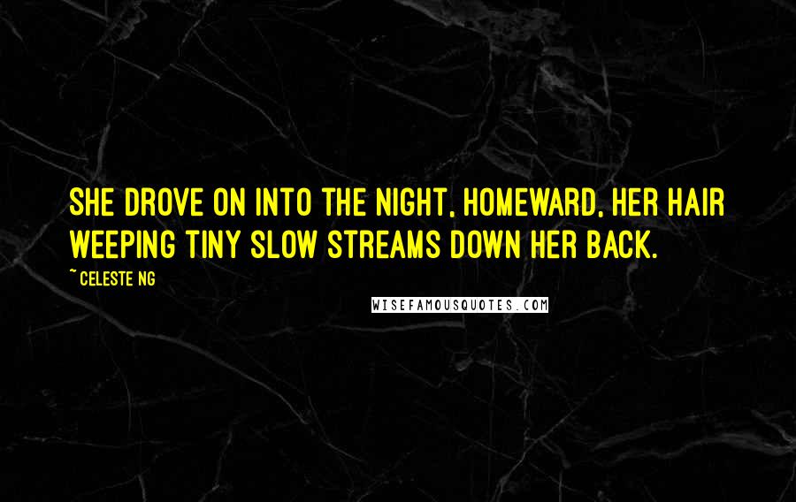 Celeste Ng Quotes: She drove on into the night, homeward, her hair weeping tiny slow streams down her back.