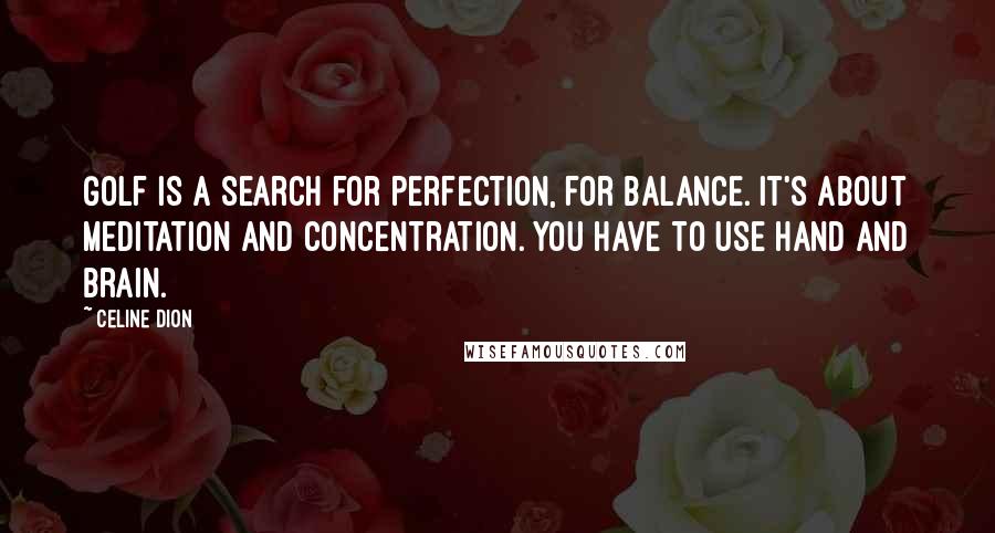 Celine Dion Quotes: Golf is a search for perfection, for balance. It's about meditation and concentration. You have to use hand and brain.