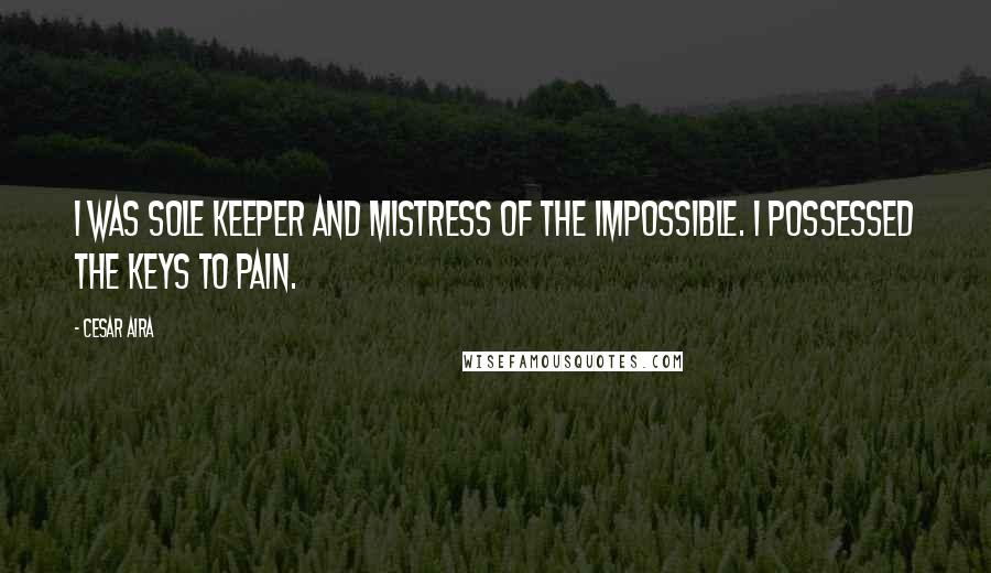 Cesar Aira Quotes: I was sole keeper and mistress of the impossible. I possessed the keys to pain.