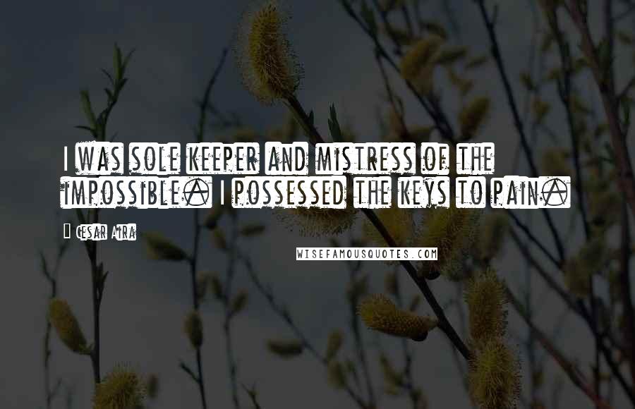 Cesar Aira Quotes: I was sole keeper and mistress of the impossible. I possessed the keys to pain.