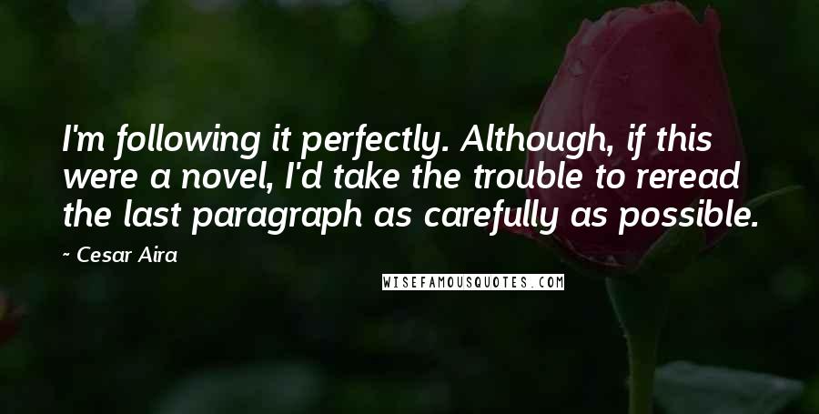 Cesar Aira Quotes: I'm following it perfectly. Although, if this were a novel, I'd take the trouble to reread the last paragraph as carefully as possible.