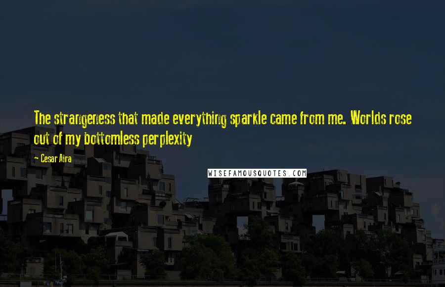 Cesar Aira Quotes: The strangeness that made everything sparkle came from me. Worlds rose out of my bottomless perplexity