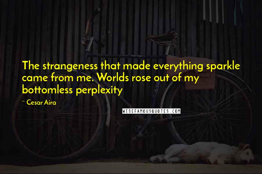 Cesar Aira Quotes: The strangeness that made everything sparkle came from me. Worlds rose out of my bottomless perplexity