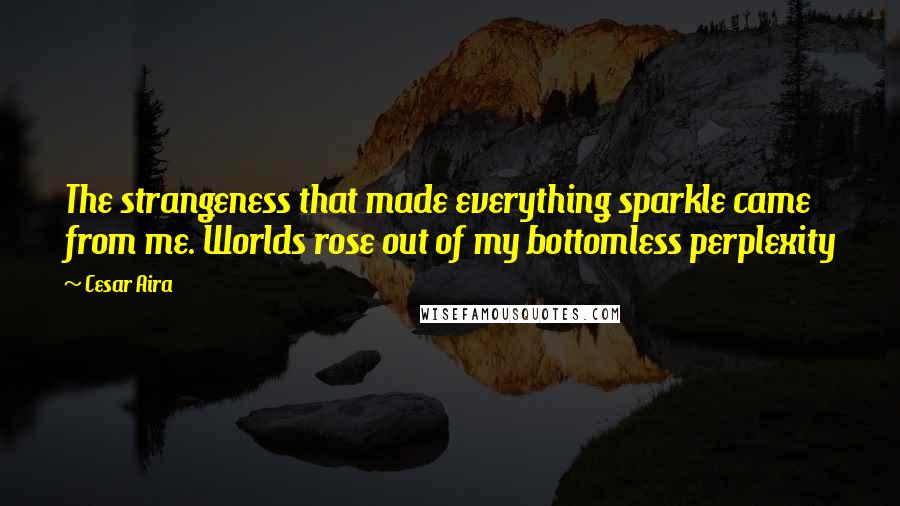 Cesar Aira Quotes: The strangeness that made everything sparkle came from me. Worlds rose out of my bottomless perplexity