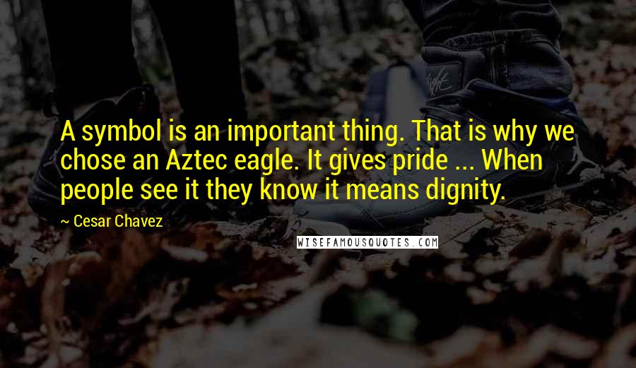 Cesar Chavez Quotes: A symbol is an important thing. That is why we chose an Aztec eagle. It gives pride ... When people see it they know it means dignity.