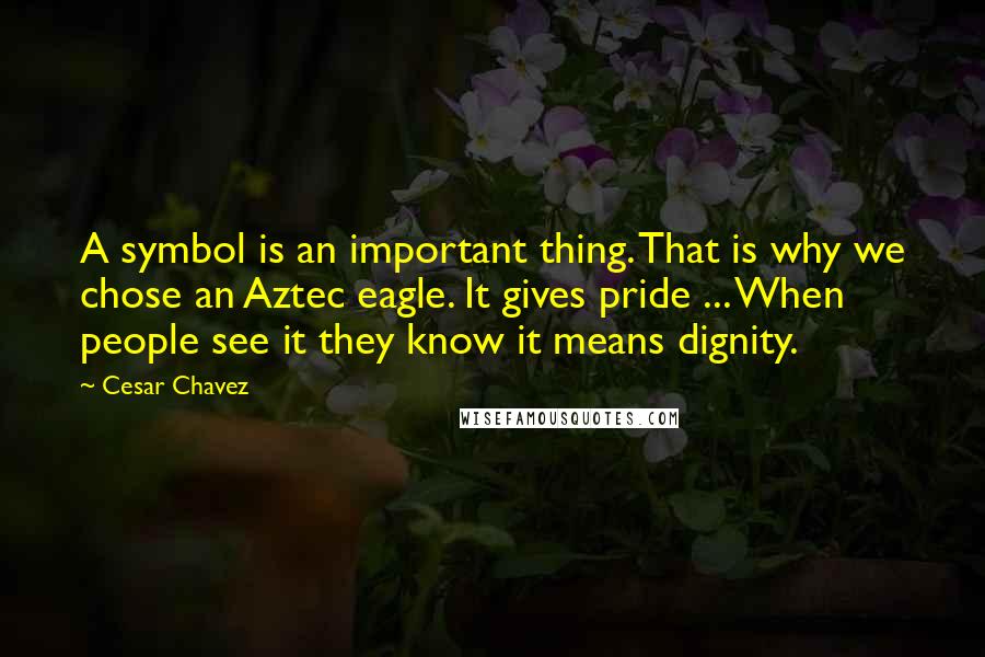 Cesar Chavez Quotes: A symbol is an important thing. That is why we chose an Aztec eagle. It gives pride ... When people see it they know it means dignity.