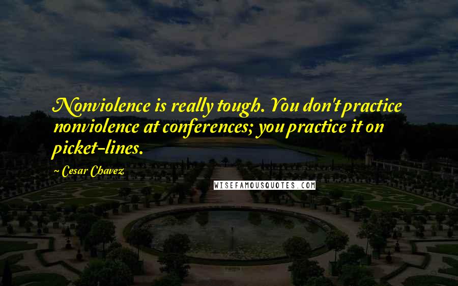 Cesar Chavez Quotes: Nonviolence is really tough. You don't practice nonviolence at conferences; you practice it on picket-lines.