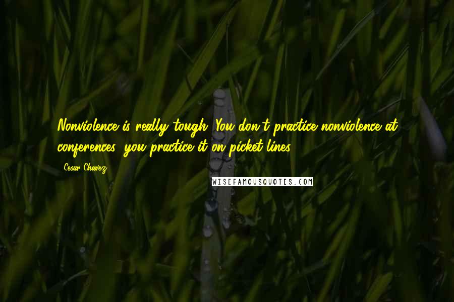 Cesar Chavez Quotes: Nonviolence is really tough. You don't practice nonviolence at conferences; you practice it on picket-lines.