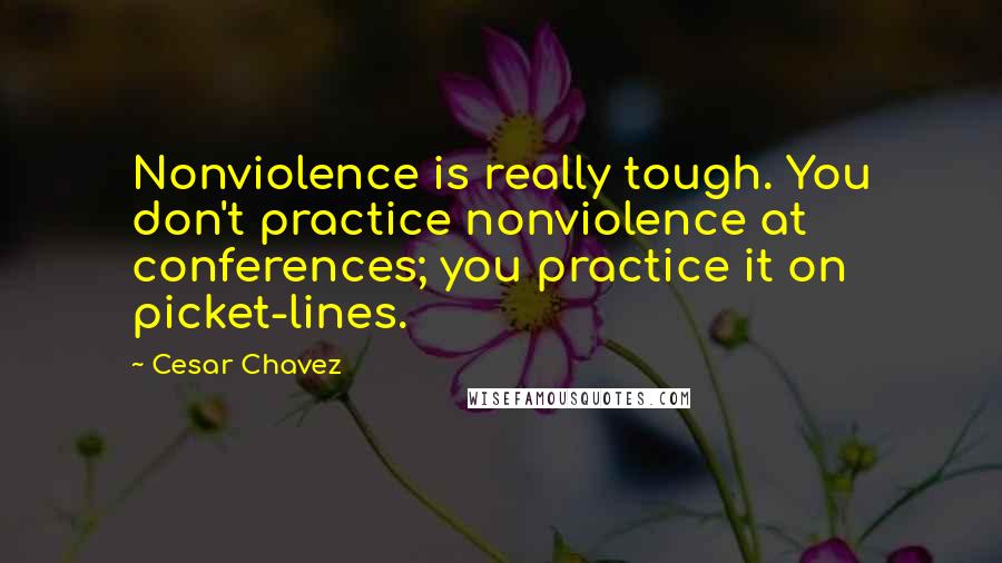 Cesar Chavez Quotes: Nonviolence is really tough. You don't practice nonviolence at conferences; you practice it on picket-lines.