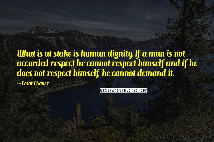 Cesar Chavez Quotes: What is at stake is human dignity. If a man is not accorded respect he cannot respect himself and if he does not respect himself, he cannot demand it.