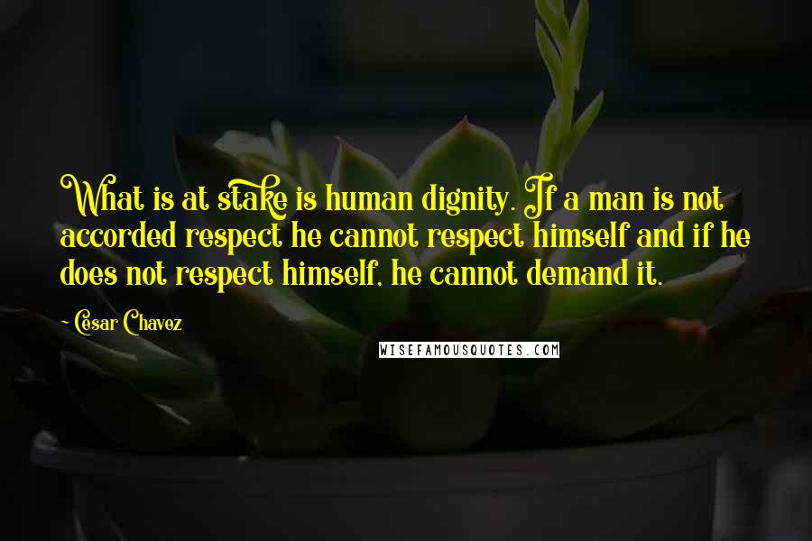 Cesar Chavez Quotes: What is at stake is human dignity. If a man is not accorded respect he cannot respect himself and if he does not respect himself, he cannot demand it.