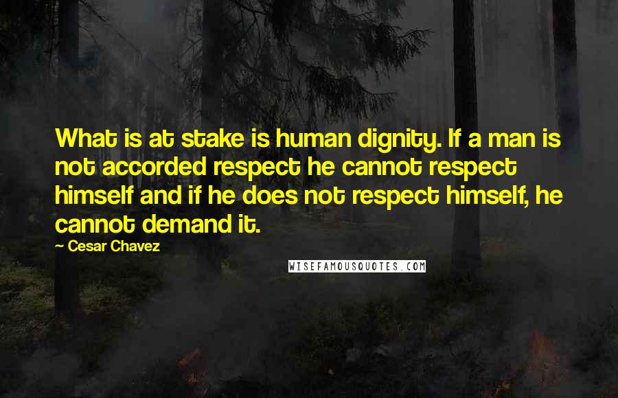 Cesar Chavez Quotes: What is at stake is human dignity. If a man is not accorded respect he cannot respect himself and if he does not respect himself, he cannot demand it.