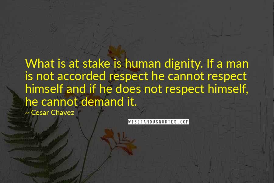 Cesar Chavez Quotes: What is at stake is human dignity. If a man is not accorded respect he cannot respect himself and if he does not respect himself, he cannot demand it.