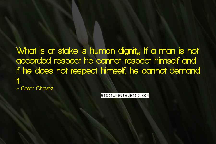 Cesar Chavez Quotes: What is at stake is human dignity. If a man is not accorded respect he cannot respect himself and if he does not respect himself, he cannot demand it.