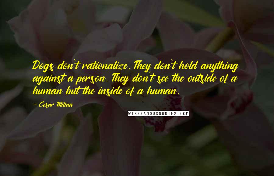 Cesar Millan Quotes: Dogs don't rationalize. They don't hold anything against a person. They don't see the outside of a human but the inside of a human.