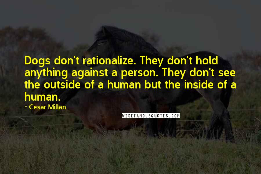 Cesar Millan Quotes: Dogs don't rationalize. They don't hold anything against a person. They don't see the outside of a human but the inside of a human.