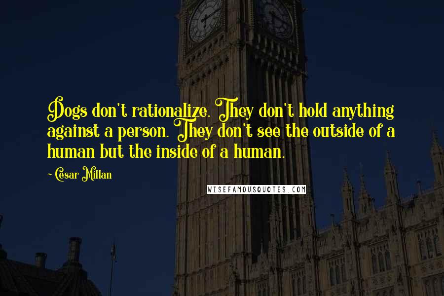 Cesar Millan Quotes: Dogs don't rationalize. They don't hold anything against a person. They don't see the outside of a human but the inside of a human.