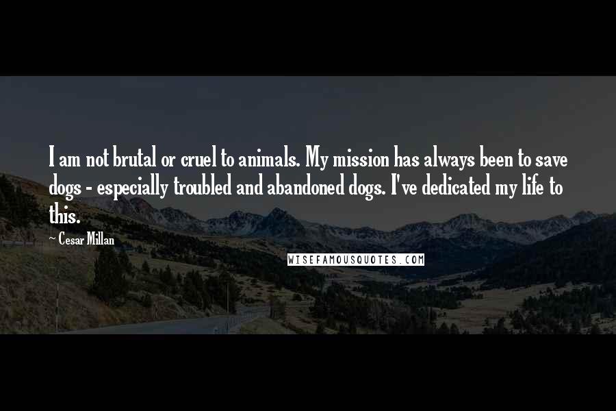 Cesar Millan Quotes: I am not brutal or cruel to animals. My mission has always been to save dogs - especially troubled and abandoned dogs. I've dedicated my life to this.