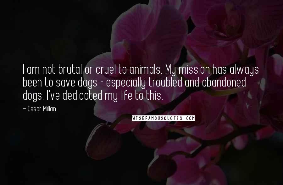 Cesar Millan Quotes: I am not brutal or cruel to animals. My mission has always been to save dogs - especially troubled and abandoned dogs. I've dedicated my life to this.