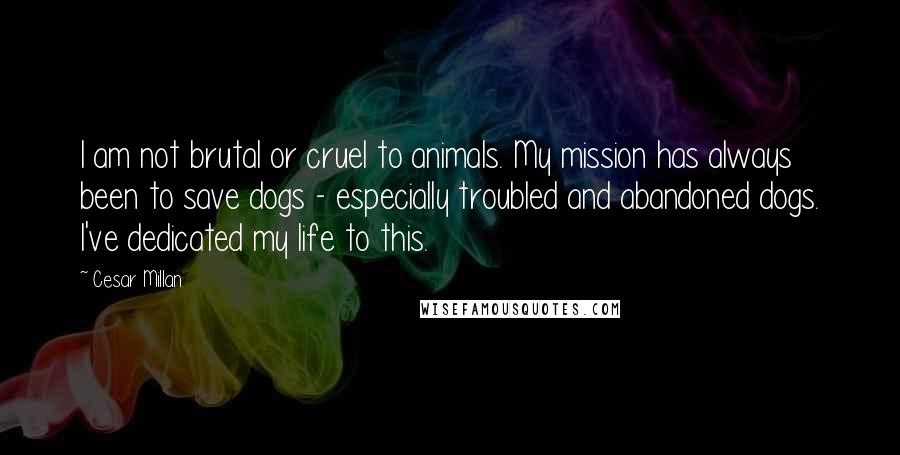 Cesar Millan Quotes: I am not brutal or cruel to animals. My mission has always been to save dogs - especially troubled and abandoned dogs. I've dedicated my life to this.