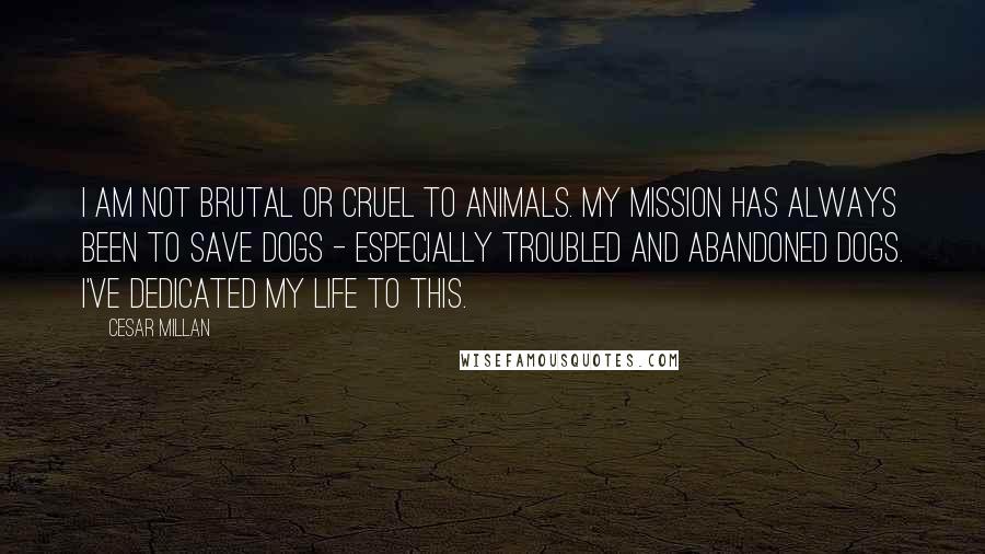 Cesar Millan Quotes: I am not brutal or cruel to animals. My mission has always been to save dogs - especially troubled and abandoned dogs. I've dedicated my life to this.