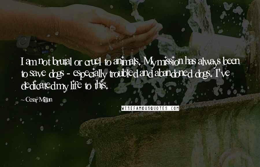 Cesar Millan Quotes: I am not brutal or cruel to animals. My mission has always been to save dogs - especially troubled and abandoned dogs. I've dedicated my life to this.