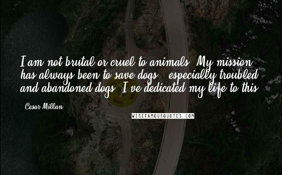 Cesar Millan Quotes: I am not brutal or cruel to animals. My mission has always been to save dogs - especially troubled and abandoned dogs. I've dedicated my life to this.