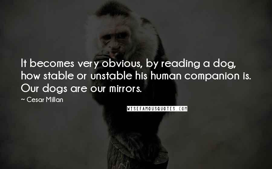 Cesar Millan Quotes: It becomes very obvious, by reading a dog, how stable or unstable his human companion is. Our dogs are our mirrors.