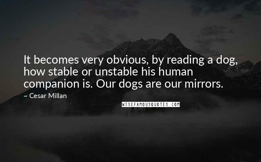 Cesar Millan Quotes: It becomes very obvious, by reading a dog, how stable or unstable his human companion is. Our dogs are our mirrors.