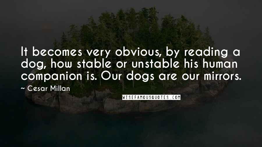 Cesar Millan Quotes: It becomes very obvious, by reading a dog, how stable or unstable his human companion is. Our dogs are our mirrors.