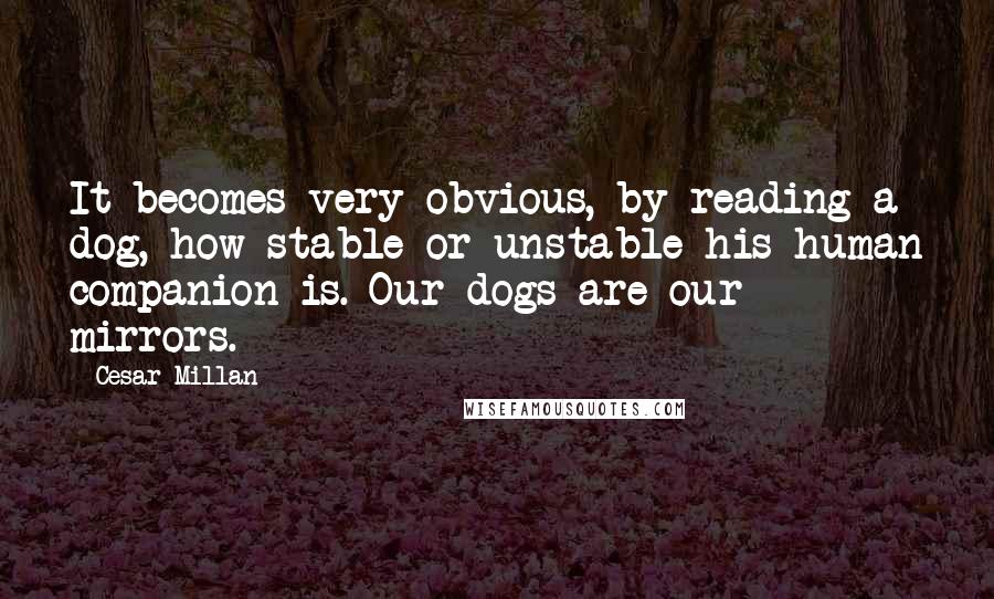 Cesar Millan Quotes: It becomes very obvious, by reading a dog, how stable or unstable his human companion is. Our dogs are our mirrors.