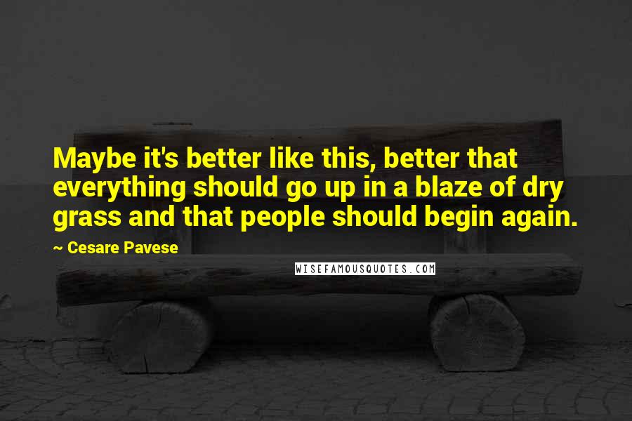 Cesare Pavese Quotes: Maybe it's better like this, better that everything should go up in a blaze of dry grass and that people should begin again.