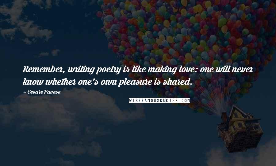 Cesare Pavese Quotes: Remember, writing poetry is like making love: one will never know whether one's own pleasure is shared.