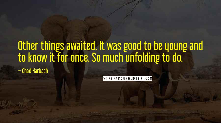 Chad Harbach Quotes: Other things awaited. It was good to be young and to know it for once. So much unfolding to do.