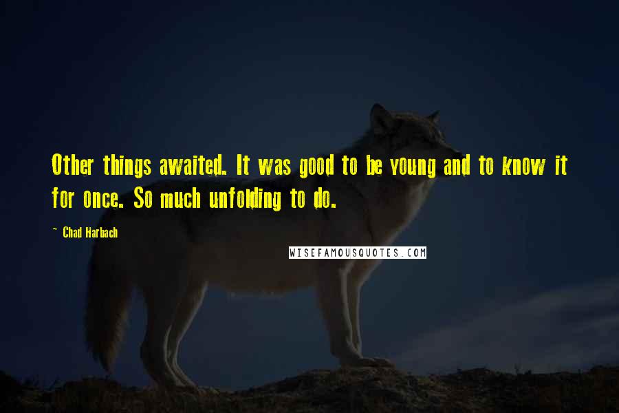 Chad Harbach Quotes: Other things awaited. It was good to be young and to know it for once. So much unfolding to do.