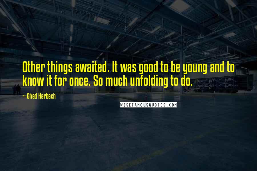 Chad Harbach Quotes: Other things awaited. It was good to be young and to know it for once. So much unfolding to do.