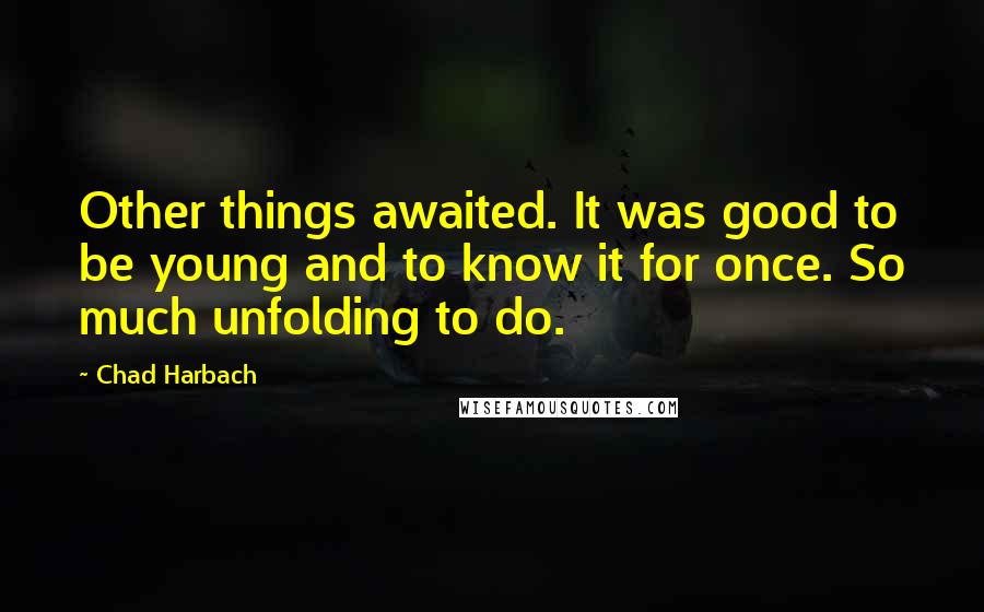 Chad Harbach Quotes: Other things awaited. It was good to be young and to know it for once. So much unfolding to do.