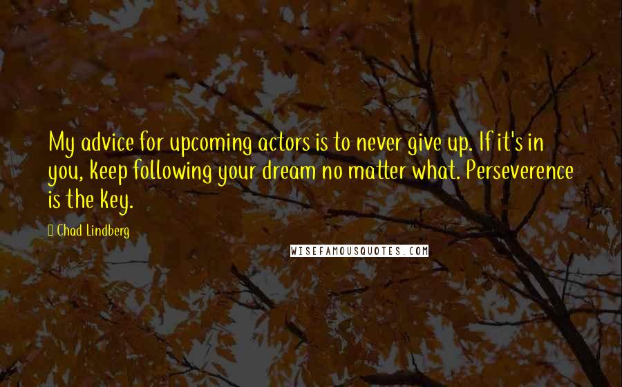 Chad Lindberg Quotes: My advice for upcoming actors is to never give up. If it's in you, keep following your dream no matter what. Perseverence is the key.