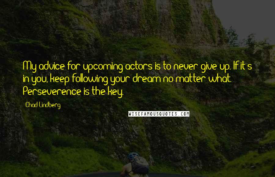 Chad Lindberg Quotes: My advice for upcoming actors is to never give up. If it's in you, keep following your dream no matter what. Perseverence is the key.