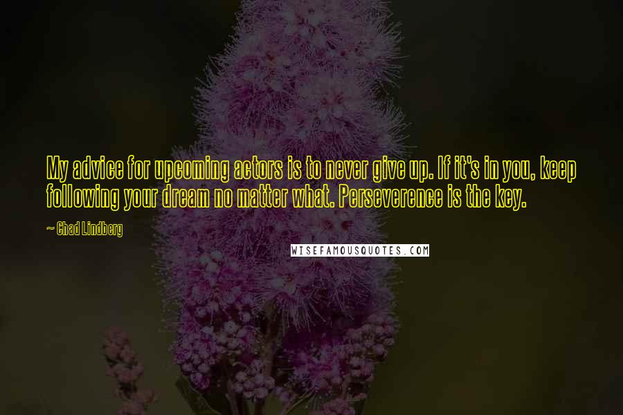 Chad Lindberg Quotes: My advice for upcoming actors is to never give up. If it's in you, keep following your dream no matter what. Perseverence is the key.