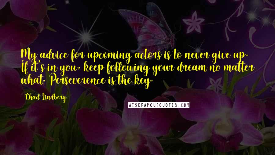 Chad Lindberg Quotes: My advice for upcoming actors is to never give up. If it's in you, keep following your dream no matter what. Perseverence is the key.