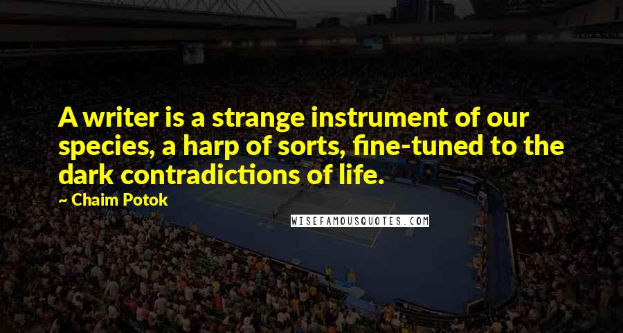 Chaim Potok Quotes: A writer is a strange instrument of our species, a harp of sorts, fine-tuned to the dark contradictions of life.