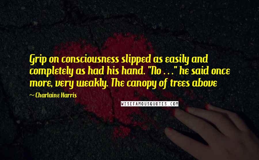 Charlaine Harris Quotes: Grip on consciousness slipped as easily and completely as had his hand. "No . . ." he said once more, very weakly. The canopy of trees above
