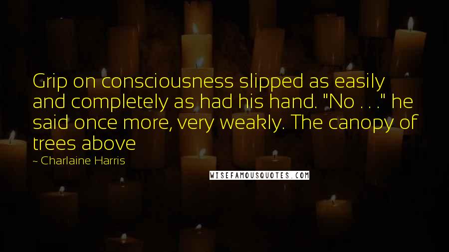 Charlaine Harris Quotes: Grip on consciousness slipped as easily and completely as had his hand. "No . . ." he said once more, very weakly. The canopy of trees above