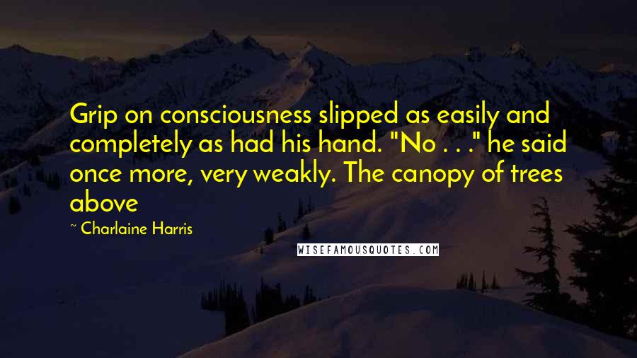 Charlaine Harris Quotes: Grip on consciousness slipped as easily and completely as had his hand. "No . . ." he said once more, very weakly. The canopy of trees above