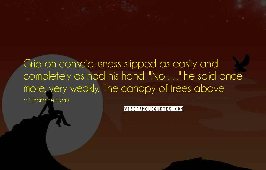 Charlaine Harris Quotes: Grip on consciousness slipped as easily and completely as had his hand. "No . . ." he said once more, very weakly. The canopy of trees above