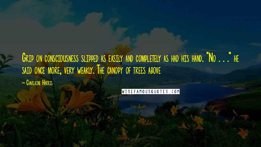 Charlaine Harris Quotes: Grip on consciousness slipped as easily and completely as had his hand. "No . . ." he said once more, very weakly. The canopy of trees above