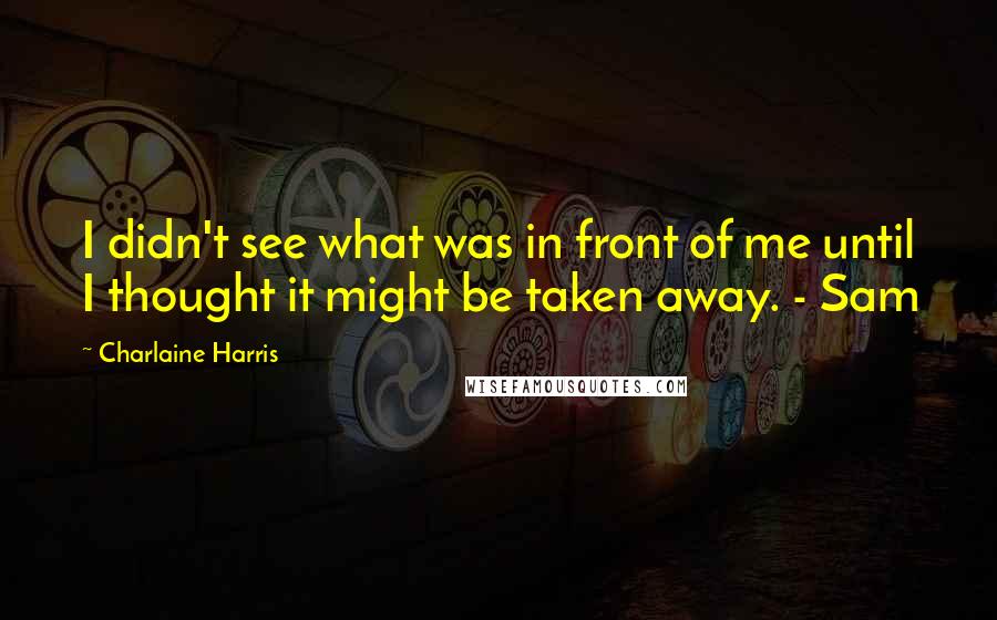 Charlaine Harris Quotes: I didn't see what was in front of me until I thought it might be taken away. - Sam